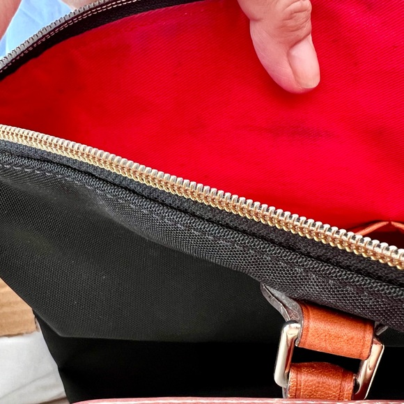 Dooney & Bourke Black Large Pocket Satchel Nylon Bag Tan Leather Trim Red Inside - Picture 10 of 14